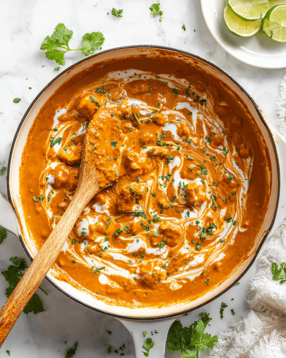A round white pot filled with thick orange curry that has small pieces and a creamy texture. The curry has swirls of white cream on top, mixed in and spread in different directions. There are small green chopped herbs sprinkled on the curry, adding points of green color. A wooden spatula with some orange sauce on it is resting inside the pot on the left side. The pot is placed on a white marbled surface with green herb leaves scattered around and a white plate with lime wedges in the top right corner. Photo taken with an iphone --ar 4:5 --v 7
