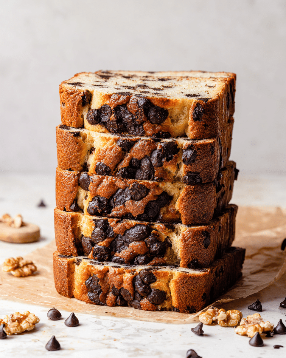 A stack of five thick slices of chocolate chip bread is shown standing upright on a piece of parchment paper atop a white marbled surface. Each slice has a golden-brown crust with a slightly rough texture filled with large, dark chocolate chunks embedded throughout the bread. The inside of the bread is lighter, soft, and baked with an uneven crumb pattern from the chocolate pieces. Around the stack, there are scattered dark chocolate chips and pieces of walnut, adding more detail to the scene. The warm tones of the bread contrast with the dark chocolate and walnuts, creating a rich and inviting look. photo taken with an iphone --ar 4:5 --v 7