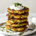 Zucchini Fritters (Gluten-Free, Low-Carb, Keto) with Garlic Chive Yogurt Sauce Recipe