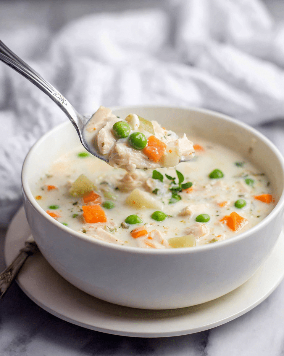 A thick white creamy soup is shown in a white bowl with a matching white plate beneath. The soup has several visible layers including small orange carrot cubes, light green celery pieces, bright green peas, and chunks of light-colored chicken mixed throughout the creamy broth. A silver spoon is scooping some of the soup, lifting a portion with all these colorful ingredients and a small green herb garnish resting on top. The background is a soft white marbled texture, and part of a white cloth is draped casually behind the bowl. Photo taken with an iphone --ar 4:5 --v 7