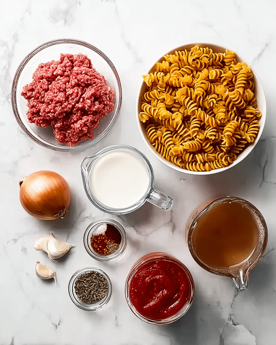 A top view of cooking ingredients arranged neatly on a white marbled surface, including a clear glass bowl of raw minced meat in pink-red color at the top left; below it, a white bowl full of uncooked spiral pasta in a golden yellow shade; a clear glass measuring cup with white cream positioned next to the meat; another clear glass measuring cup filled with brown broth below the cream; a whole brown onion with two cloves of garlic beside it; a small clear container with red chili flakes and another with dried green herbs near the onion; a small white bowl of bright red tomato paste and an open can with red tomato contents at the bottom right. photo taken with an iphone --ar 4:5 --v 7