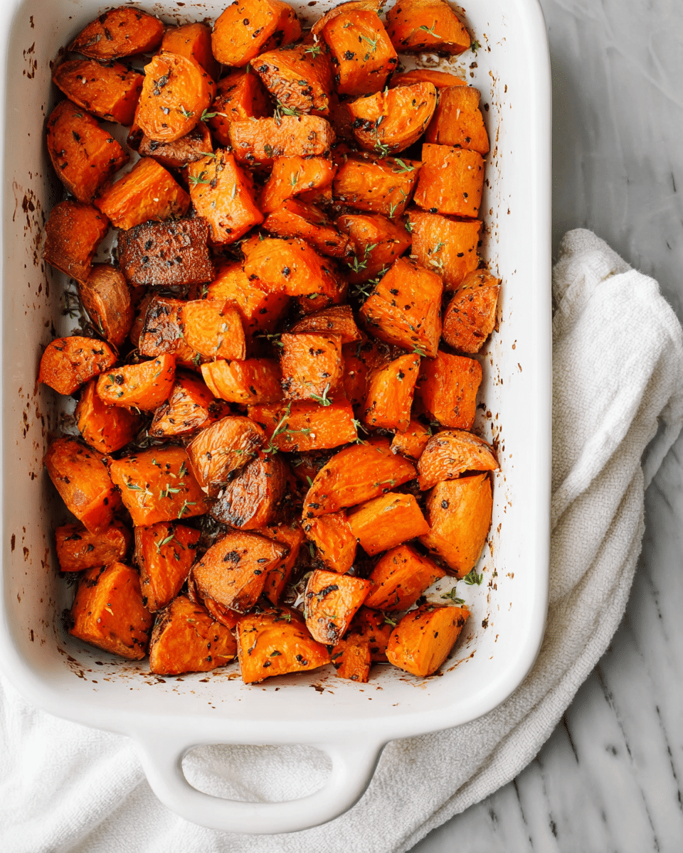 A white baking dish filled with roasted pieces of orange sweet potatoes and carrots. The pieces are chopped into medium-sized chunks with a mix of smooth and slightly rough textures, some showing a slight char on the edges. Tiny herbs and spices are sprinkled over the vegetables, creating a textured look, with a slight shine from roasting oil. The dish sits on a white marbled surface with a white cloth partially visible under the handle of the baking dish. photo taken with an iphone --ar 4:5 --v 7