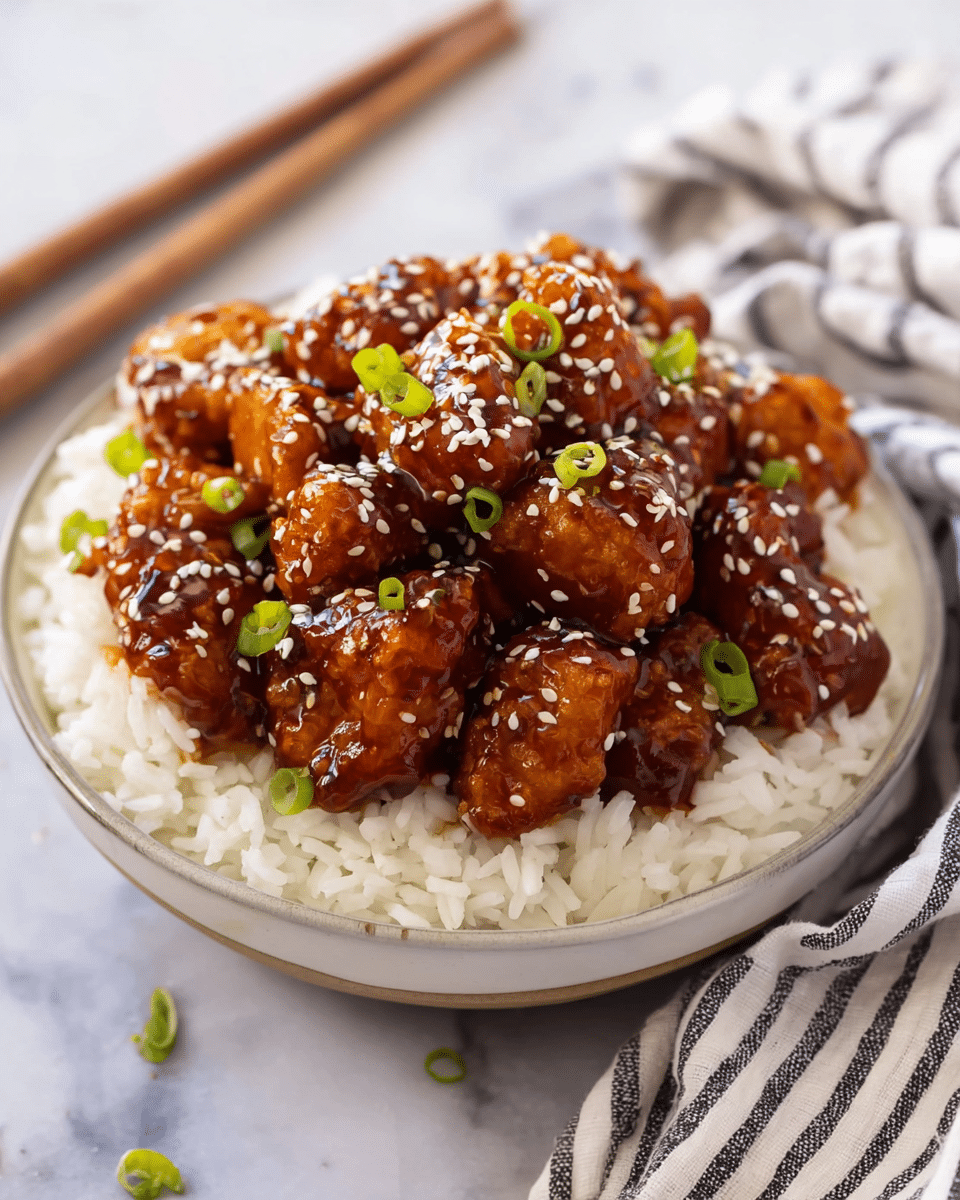A white bowl filled with a base layer of fluffy white rice, topped with a mound of golden-brown pieces covered in a shiny, dark reddish-brown sauce. The sauce is thick and glossy, coating the pieces evenly. White sesame seeds are sprinkled on top, along with small, fresh green onion slices for a pop of color. The bowl sits on a white marbled surface with a striped cloth beside it and wooden chopsticks placed in the background. photo taken with an iphone --ar 4:5 --v 7