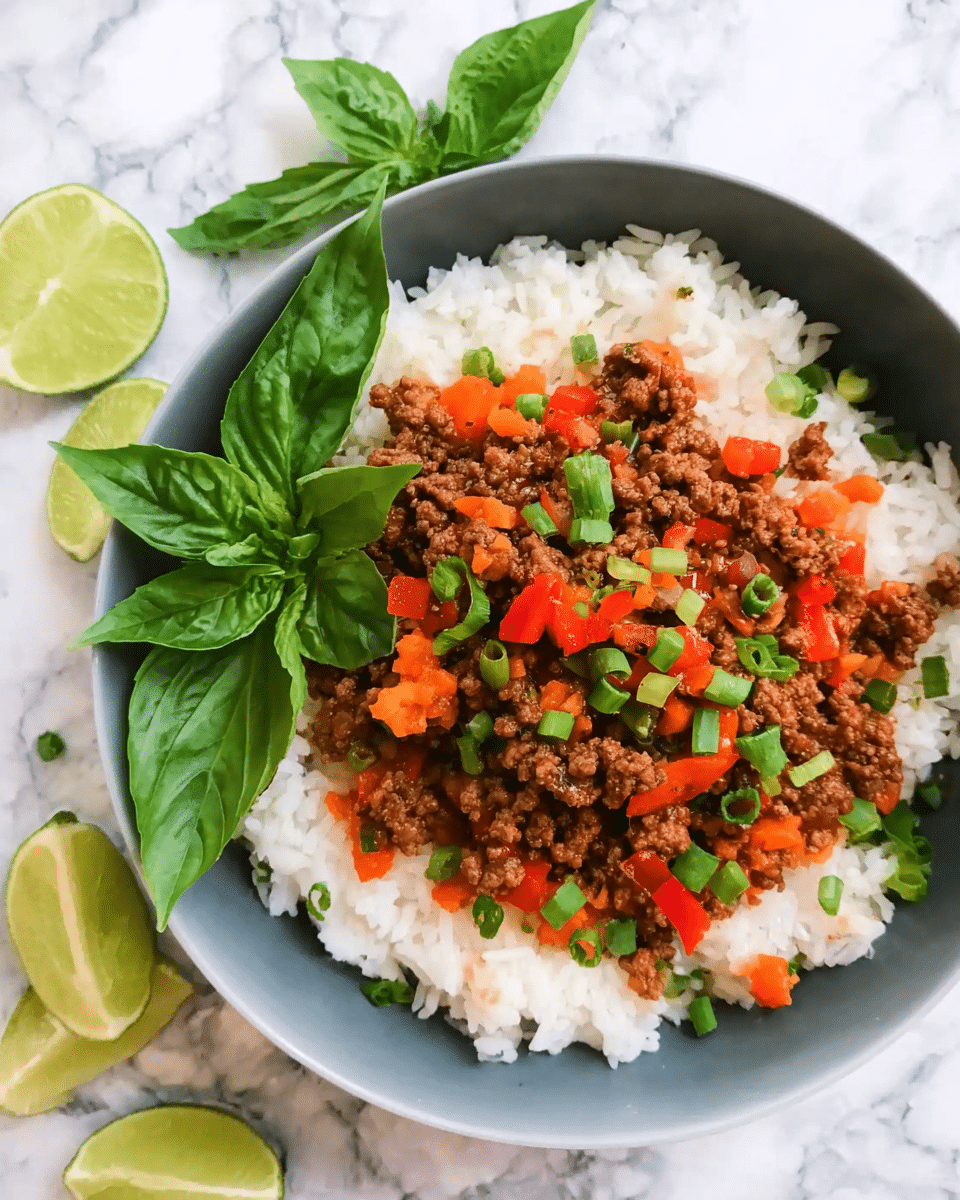 A white bowl filled with a bed of white rice topped with a layer of cooked ground beef mixed with small chopped pieces of orange carrots and red bell peppers, garnished with chopped green onions and fresh basil leaves on the side, placed on a white marbled surface with lime halves and a woman's hand holding the bowl visible in the background, photo taken with an iphone --ar 4:5 --v 7