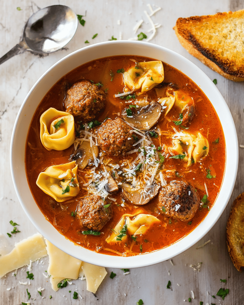 A white bowl filled with a tomato soup base in a rich red-orange color, containing four browned meatballs and several yellow tortellini pasta floating on top. Thin slices of brown mushrooms are scattered inside the soup, along with a sprinkling of shredded white cheese and small green herb pieces on the surface. The bowl is placed on a white marbled textured surface with some cheese shavings and green herbs around, and a toasted bread slice is visible to the right. A silver spoon lies to the upper left of the bowl. Photo taken with an iphone --ar 4:5 --v 7