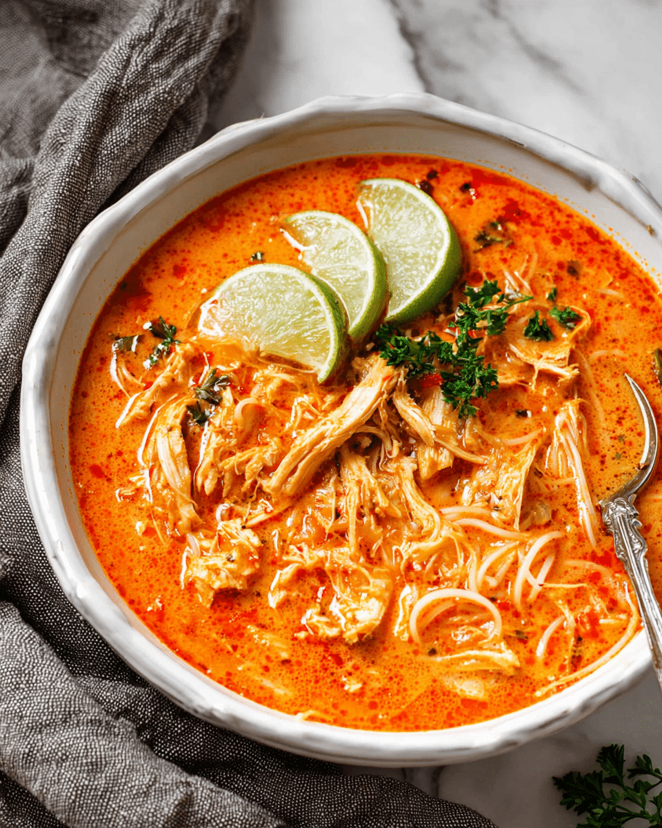 A white bowl filled with bright orange-red creamy soup with thin white noodles mixed inside. There are several pieces of light brown shredded chicken spread around the soup. On top, two lime wedges and fresh green herbs rest near the center. The soup has small bits of red and green herbs visible in the broth. A silver spoon peeks from the right side of the bowl. The bowl is set on a white marbled surface with a gray cloth nearby. Photo taken with an iphone --ar 4:5 --v 7