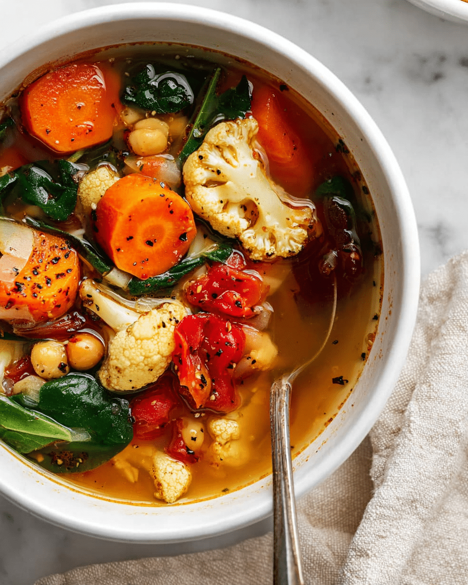 A white bowl filled with clear vegetable soup showing distinct layers of colorful vegetables, including bright orange carrot slices, creamy white cauliflower florets, dark green spinach leaves, deep red tomato chunks, and light beige chickpeas. The broth is transparent and warm, with specks of black pepper floating on top. A silver spoon rests inside the bowl on the right side, and the bowl is placed on a white marbled surface with a light beige cloth partially visible underneath. photo taken with an iphone --ar 4:5 --v 7