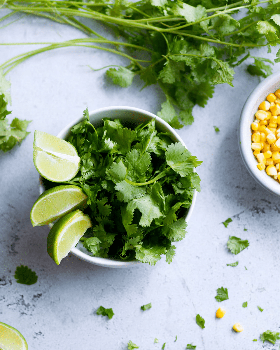 A white bowl filled with fresh green cilantro leaves and four lime wedges placed on top, sitting on a white marbled surface. Around the bowl, scattered small bits of cilantro leaves and lime peel add a natural touch. To the top right, there is a partial view of another white bowl holding yellow corn kernels. Green cilantro stems stretch across the white marbled surface, creating a fresh and vibrant scene. Photo taken with an iphone --ar 4:5 --v 7