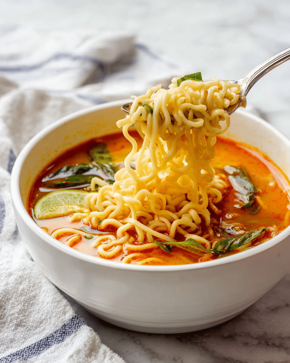 A white bowl filled with orange-red broth with floating green herbs and vegetables like green leaves and slices of lime. A shiny silver fork held by a woman's hand lifts a tangled bundle of pale yellow noodles from the bowl, showing their soft and curly texture. The bowl sits on a white marbled surface with a blurred white cloth with blue stripes in the background. photo taken with an iphone --ar 4:5 --v 7