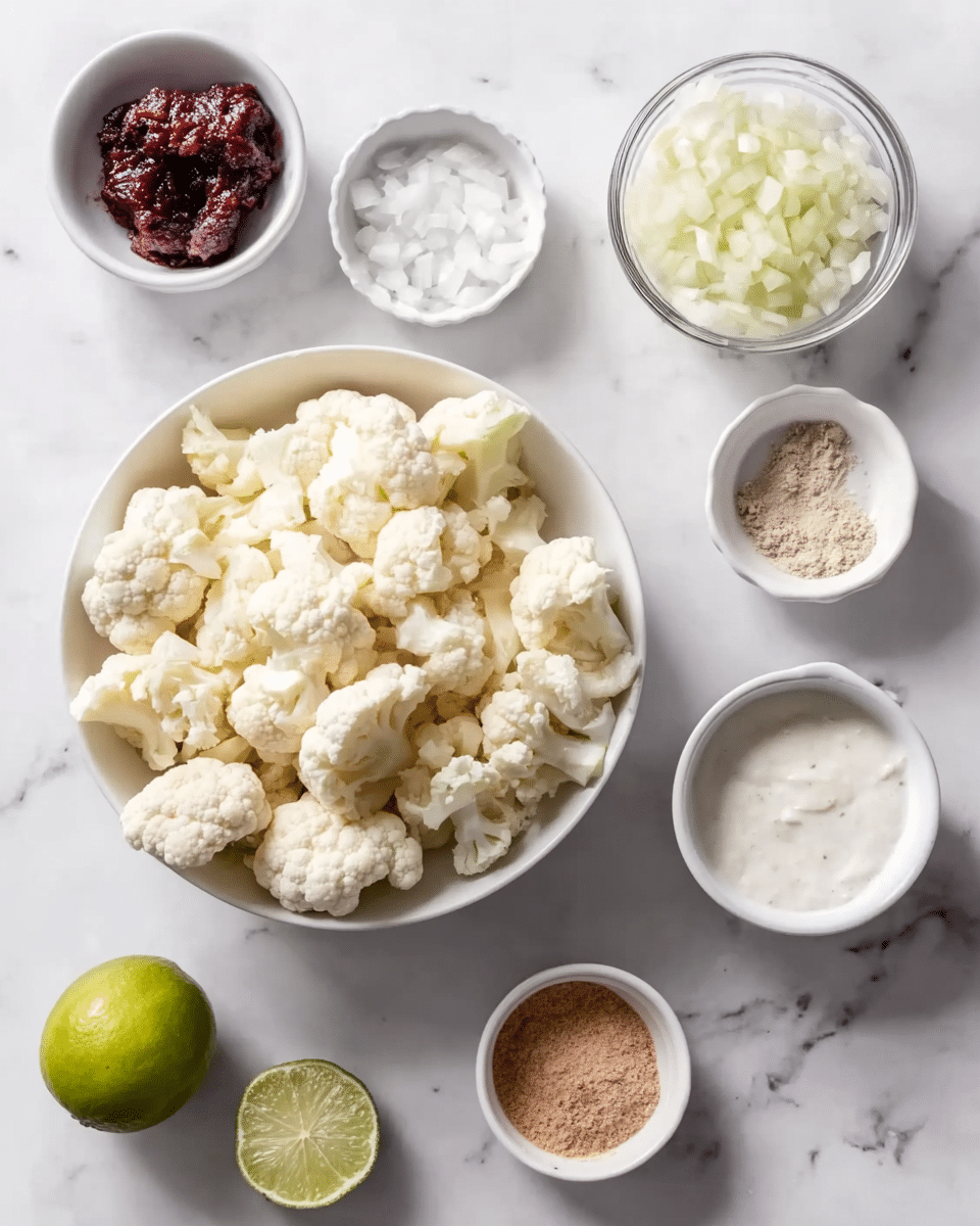 A white bowl filled with raw cauliflower florets sits on a white marbled surface, surrounded by smaller white bowls and containers holding various ingredients: a small white bowl of chopped onions, a small white bowl containing a dark red paste, a white bowl with a light brown powder, a clear glass bowl with a white creamy substance, and another container with white seasoning. A whole lime is also placed on the surface near the bowls. The composition is bright and clean, showing fresh ingredients in neat containers photo taken with an iphone --ar 4:5 --v 7
