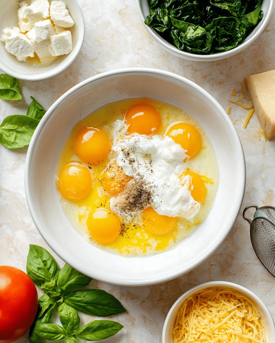 A white bowl sits in the center filled with eight bright yellow egg yolks in clear egg whites, topped with a dollop of white creamy yogurt, a small heap of light brown garlic powder, and a sprinkle of black pepper. Around the bowl, on a white marbled surface, there is a bowl of dark green chopped spinach at the top left, a small white bowl with soft white cheese above the egg bowl, a bunch of fresh basil leaves on the bottom left, a red tomato peeking in from the left edge, and a bowl of shredded yellow cheese at the bottom right with a silver whisk resting beside it. photo taken with an iphone --ar 4:5 --v 7