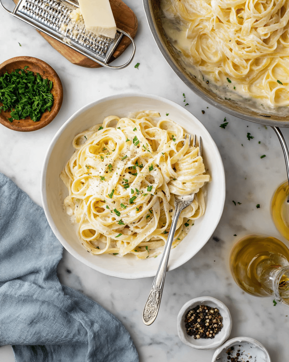 A white bowl sits on a white marbled surface, filled with three layers of creamy pale yellow fettuccine pasta coated in a smooth sauce. The top layer of pasta is sprinkled with small green parsley bits and some black pepper. A silver fork rests on the right side of the bowl, twirling some pasta. Behind the bowl, on the top right, there is a stainless steel pan with more pasta piled high, showing creamy sauce coating the noodles. To the left of the bowl, a small wooden dish holds fresh chopped parsley. Nearby, a metal grater with a block of shredded cheese on top and two silver forks lie on the surface. Below and around the bowl, small white ceramic dishes hold cracked black pepper and a glass bottle with golden olive oil. A folded blue-gray cloth napkin is on the lower left corner. photo taken with an iphone --ar 4:5 --v 7
