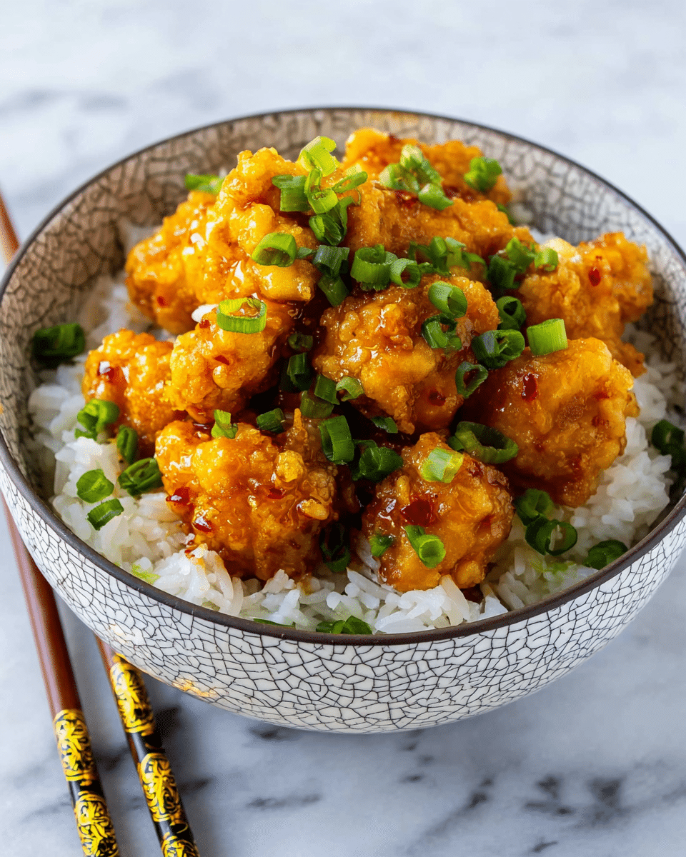 A white bowl with a cracked pattern holds a bed of fluffy white rice topped with a pile of golden crispy fried chicken pieces coated in a shiny orange sauce. Bright green chopped scallions are sprinkled generously on top, adding a fresh color contrast. The bowl is placed on a white marbled texture. A pair of wooden chopsticks with gold and black details rests nearby. photo taken with an iphone --ar 4:5 --v 7