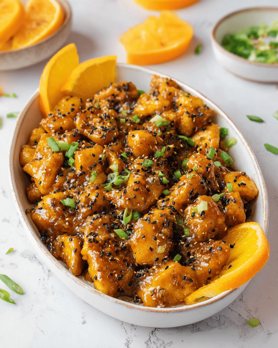 A white oval dish filled with small golden brown chunks covered in a thick, shiny orange-brown sauce with a slightly glossy texture. The pieces are scattered with black sesame seeds and small bright green chopped spring onions. Two orange slices sit on opposite edges of the dish, adding a pop of bright orange color. The dish is placed on a white marbled surface, with blurred orange slices and green onions in the background. The photo taken with an iphone --ar 4:5 --v 7