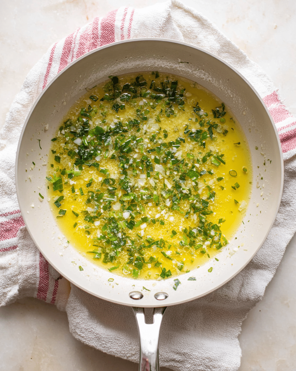A white pan filled with a melted butter sauce that is yellow and slightly oily in texture. The sauce has small pieces of chopped green herbs and sliced green onions scattered evenly throughout. Tiny bits of grated garlic or cheese are sprinkled on top. The pan sits on a soft off-white cloth with some pink stripes on a white marbled surface. The pan handle is silver and points downwards. Photo taken with an iphone --ar 4:5 --v 7
