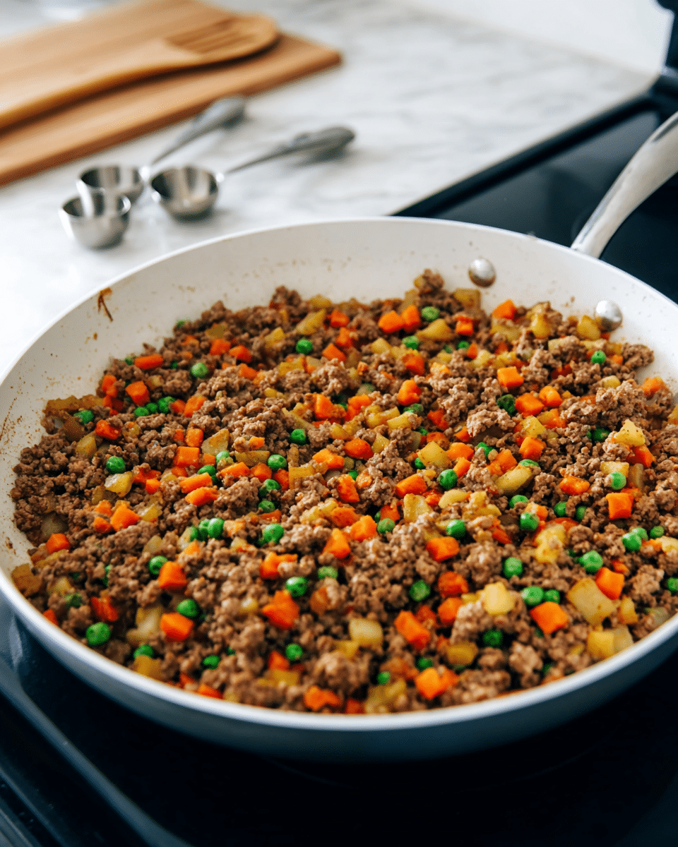 A white pan filled with a single layer of cooked ground meat mixed evenly with small diced orange carrots, green peas, and pale yellow diced onions and celery. The colors of the vegetables stand out against the brown meat, creating a textured and hearty look. The pan rests on a black stove, with a wooden spoon in the background and three small silver measuring spoons lying on a white marbled surface. photo taken with an iphone --ar 4:5 --v 7