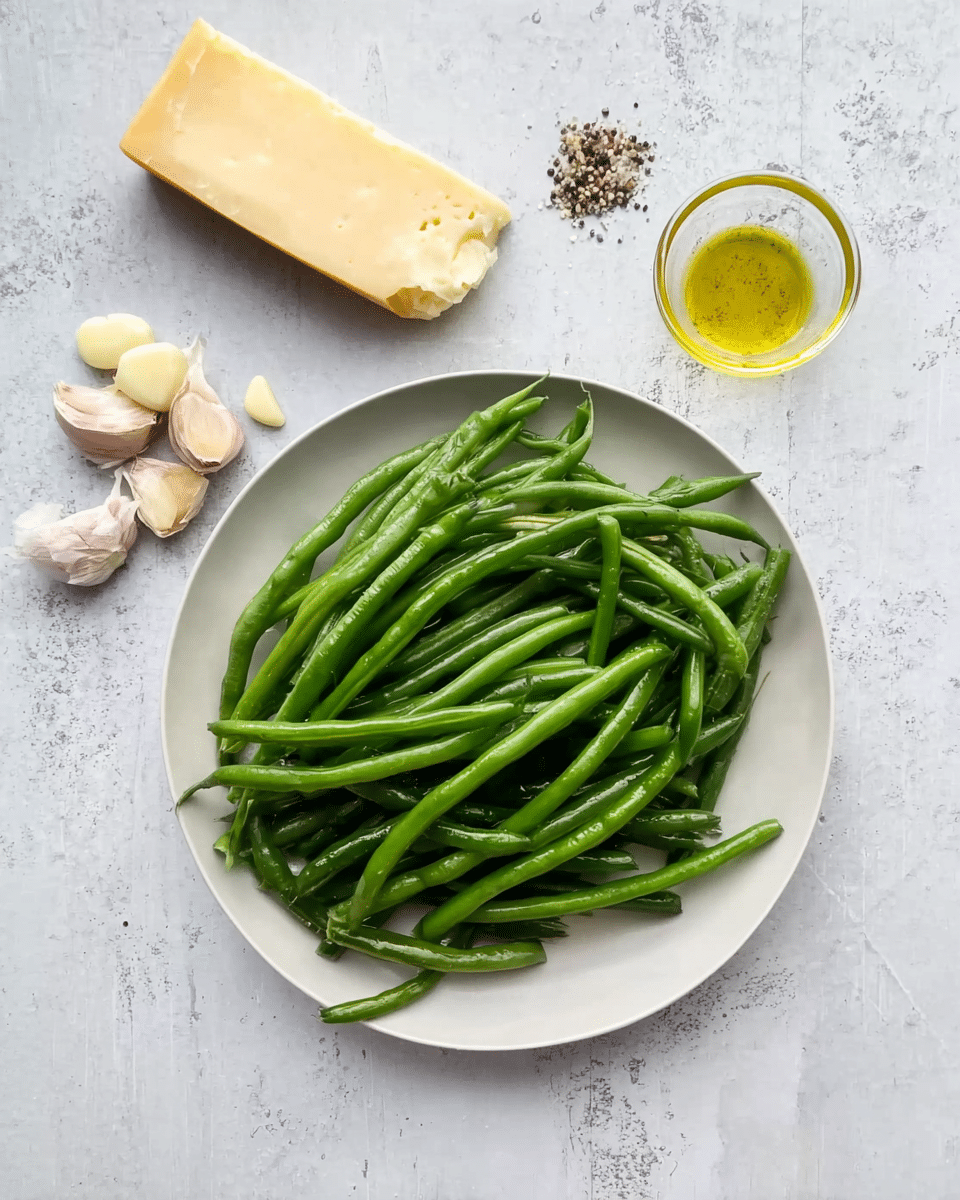 A white plate filled with fresh green beans arranged in a neat pile sits on a white marbled surface. Nearby, there is a wedge of yellow cheese with a slightly rough texture on one side, a small cluster of peeled garlic cloves with a smooth pale surface, and a small clear glass bowl containing light yellow olive oil. Small piles of coarse salt and cracked black pepper are scattered on the marbled surface near the other ingredients. Photo taken with an iphone --ar 4:5 --v 7