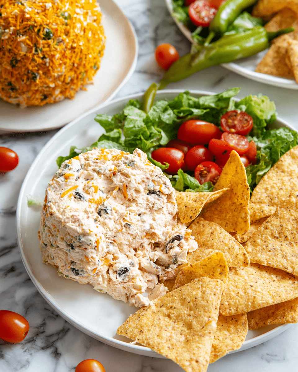 A white plate holds several large, light golden tortilla chips with a rough, grainy texture, arranged around a creamy, mixed cheese log spread that is off-white with visible bits of black olives and orange cheese throughout. Behind this, on a white plate, there is a cheese ball coated with crushed orange chips or seasoning, surrounded by bright green shredded lettuce and halved, deep red cherry tomatoes. The surface beneath the plates is white marble. Photo taken with an iphone --ar 4:5 --v 7
