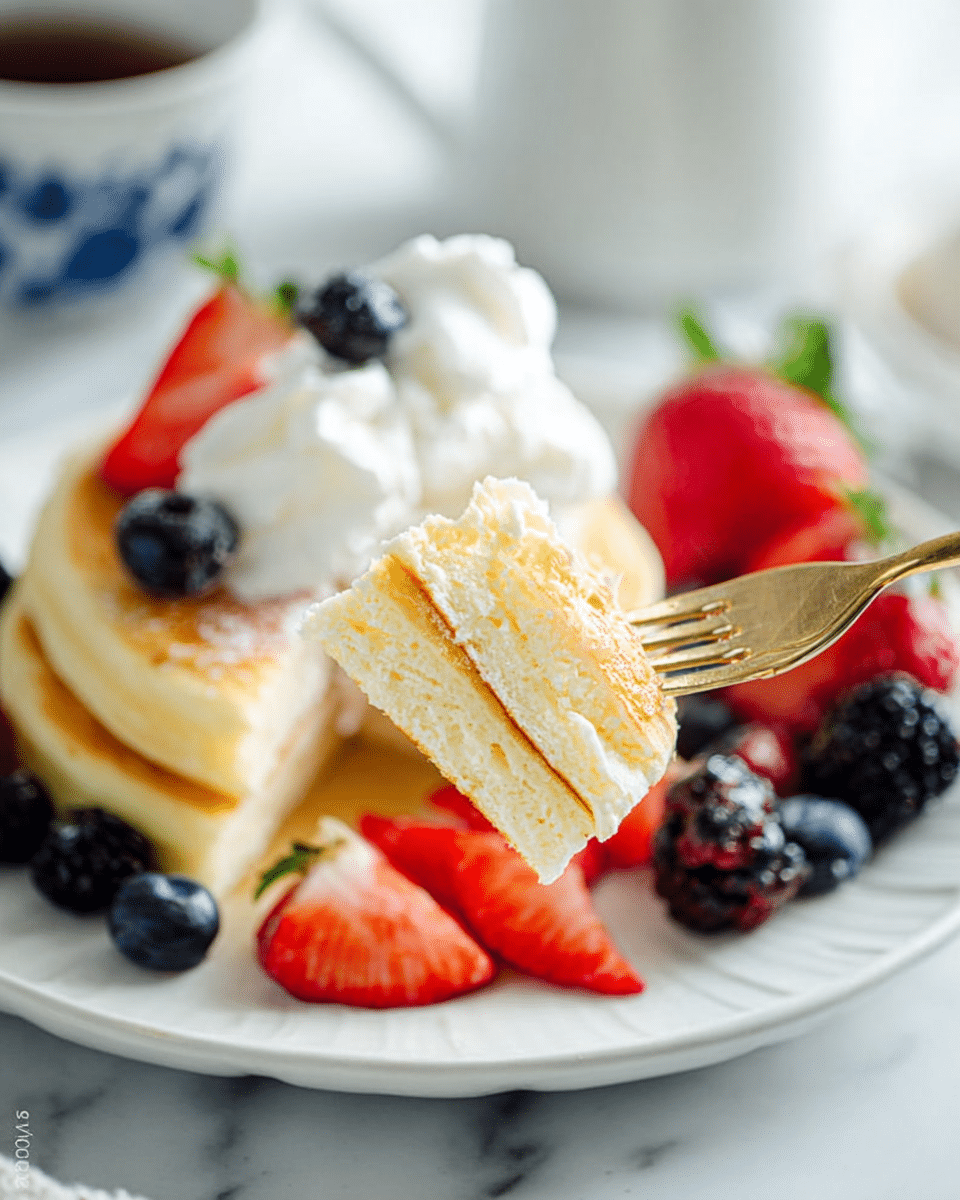 A white plate holds three pale yellow soft pancakes stacked slightly off center, surrounded by fresh red strawberry halves, dark blue blueberries, and shiny black blackberries scattered around the edge. On top of one pancake is a dollop of white whipped cream. A gold fork in woman's hand holds a bite-sized piece of pancake with a small cloud of whipped cream on top, showing the fluffy texture inside. The whole scene is set on a white marbled surface with a blurred white cup with blue pattern in the background. photo taken with an iphone --ar 4:5 --v 7