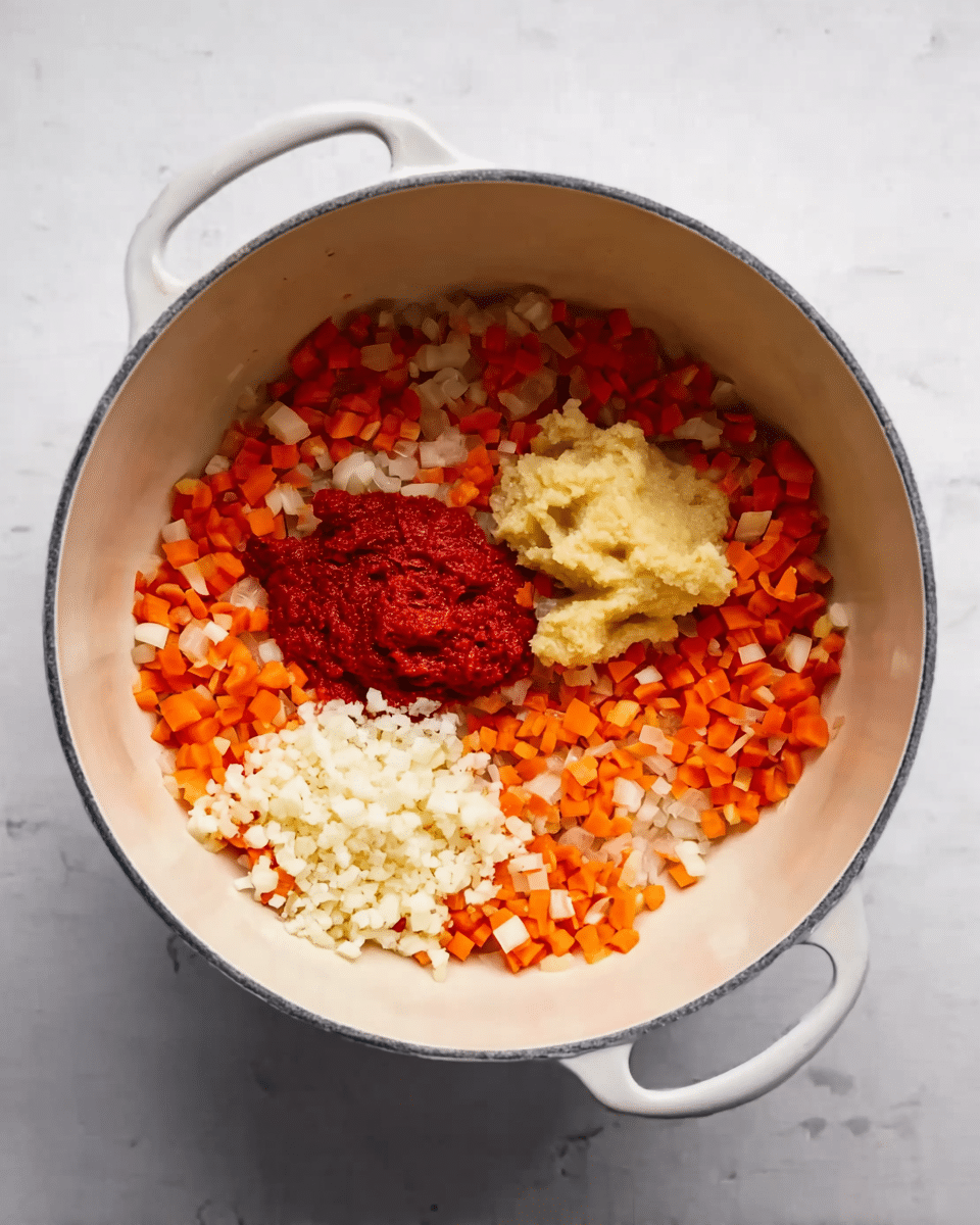 A white pot with two small handles on each side is shown from above, sitting on a white marbled surface. Inside the pot, there is one layer of small orange and translucent white chopped vegetables, likely carrots and onions, spread evenly across the bottom. On the left center of this layer, there is a dollop of thick bright red paste. To the right of the red paste, there is a smaller mound of pale yellow mashed paste and next to it, a separate pile of finely minced white garlic cloves. The colors and textures contrast sharply against the light pot interior. photo taken with an iphone --ar 4:5 --v 7