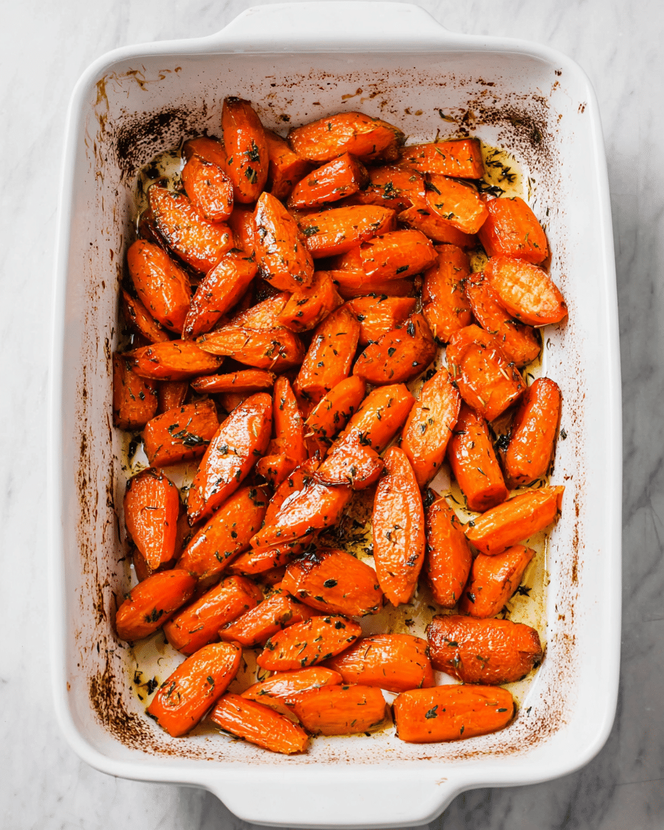 A white rectangular baking dish filled with a single layer of roasted carrot pieces. The carrots are cut into thick, uneven chunks with a bright orange color, showing slight charring and a roasted texture with small specks of green herbs scattered evenly across them. The edges of the dish have some brown baked-on residue, giving a rustic look. The dish is placed on a white marbled surface. Photo taken with an iphone --ar 4:5 --v 7
