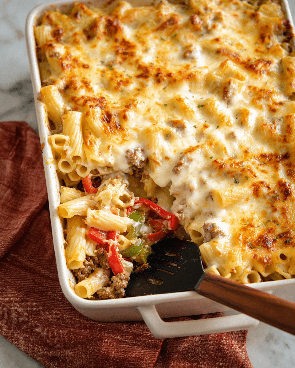 A white rectangular baking dish filled with three visible layers, starting from the bottom with cooked ground meat and sliced red and green bell peppers, topped by a middle layer of creamy rigatoni pasta mixed with the meat and peppers, and finished with a thick, golden-browned layer of melted cheese covering the entire top. A black spatula with a wooden handle is scooping out some of the pasta casserole, showing the textures and colors of the ingredients inside. The dish is placed on a white marbled surface with a folded reddish-brown cloth partially underneath the baking dish. Photo taken with an iphone --ar 4:5 --v 7