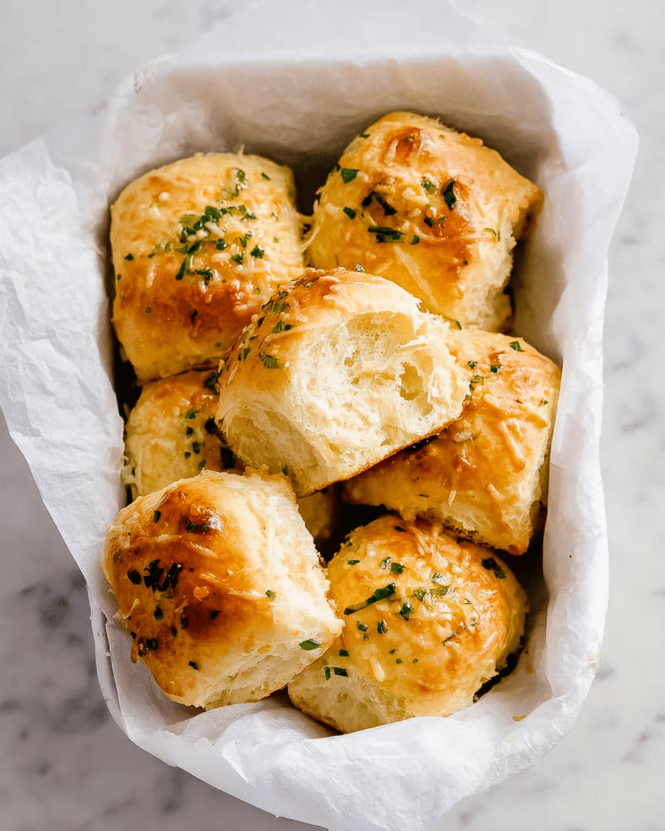A white rectangular basket lined with white parchment paper holds seven golden brown dinner rolls. Each roll is topped with melted cheese and small bits of green herbs, adding texture and color to the shiny, slightly crusty surface. The interior of a few of the rolls is visible, showing a soft, fluffy, and airy texture. The basket is placed on a white marbled surface. photo taken with an iphone --ar 4:5 --v 7