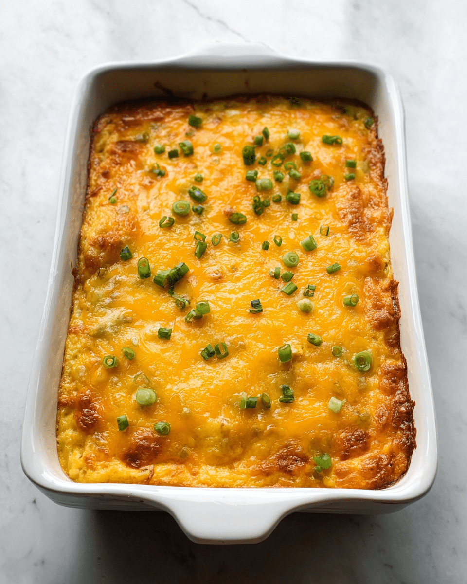 A white rectangular dish filled with a baked casserole that has one thick golden-yellow cheese layer on top, melted and slightly browned around the edges, sprinkled with small pieces of chopped green onions scattered evenly over the surface. The casserole sits on a white marbled textured surface photo taken with an iphone --ar 4:5 --v 7