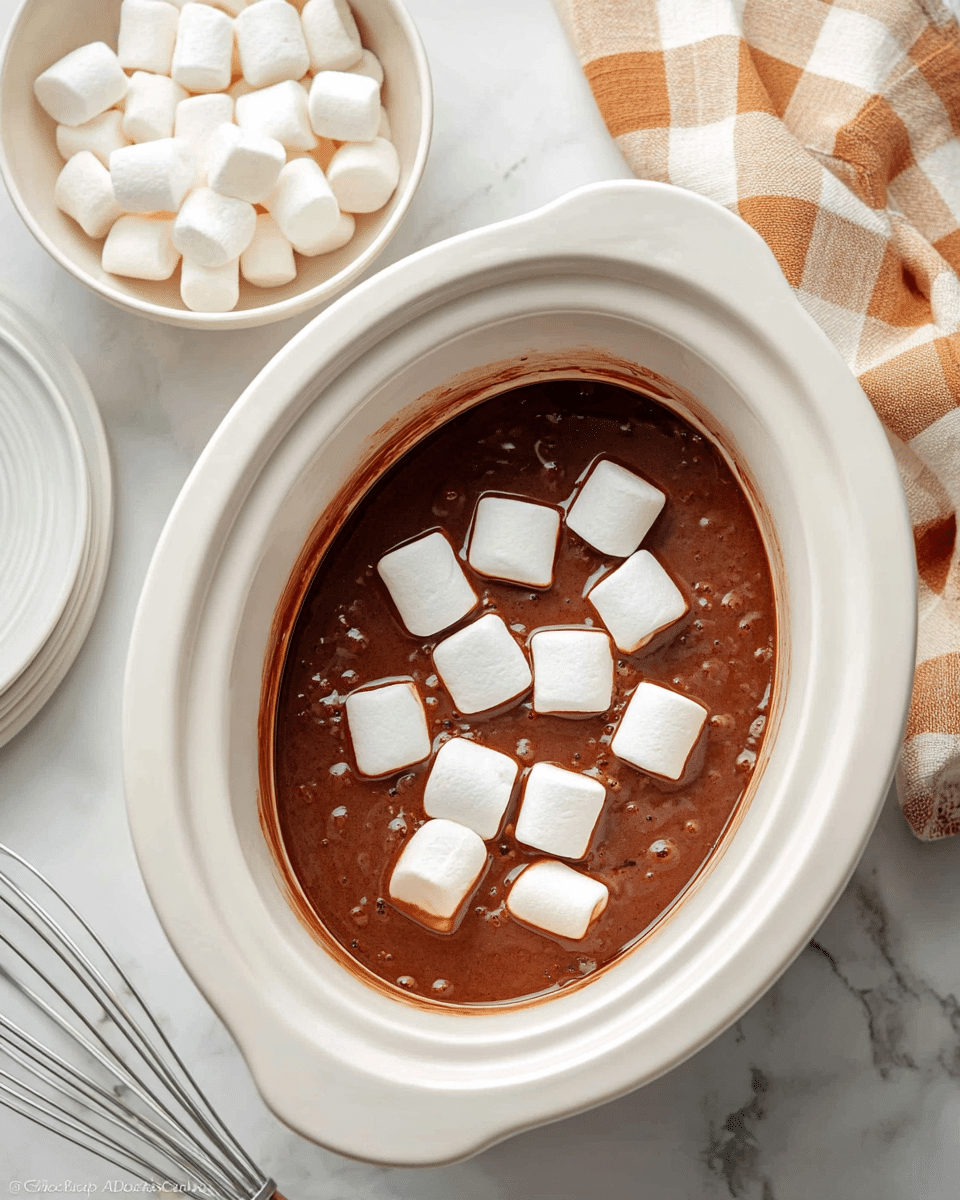 A white slow cooker filled with rich, smooth, dark brown hot chocolate sauce is topped with large, soft, white marshmallows that float on the surface, slightly melting at the edges. To the left, there is a small white bowl piled high with extra marshmallows. The background is a white marbled surface with a beige and white checkered cloth in the top right corner. In the bottom left corner, a white plate with a metal whisk rests on the surface. Photo taken with an iphone --ar 4:5 --v 7