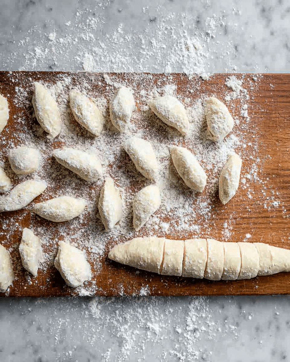A wooden cutting board sits on a white marbled surface with scattered white flour. On the cutting board, there is a long white dough roll partially sliced into small pieces shaped like small dumplings or gnocchi, each with a soft and slightly rough texture. The dough pieces are arranged loosely across the board with white flour dusted around and on them, giving a light powdery look. The natural wood grain of the board contrasts with the pale dough and flour, creating a rustic kitchen scene photo taken with an iphone --ar 4:5 --v 7