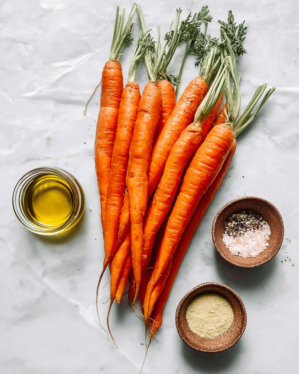 On a white marbled surface, there is a bunch of eight fresh, bright orange carrots with green tops, arranged in a slightly scattered pile with some overlapping. To the left of the carrots, there is a small clear glass jar filled with golden yellow olive oil. Below the jar, there are two small rustic brown ceramic bowls, one filled with coarse pink salt and black pepper, and the other filled with a pale yellow powder, possibly garlic or onion powder. The carrots are smooth with slight natural ridges and some small root hairs. The whole setup is simple and clean, with natural light highlighting the colors. Photo taken with an iphone --ar 4:5 --v 7
