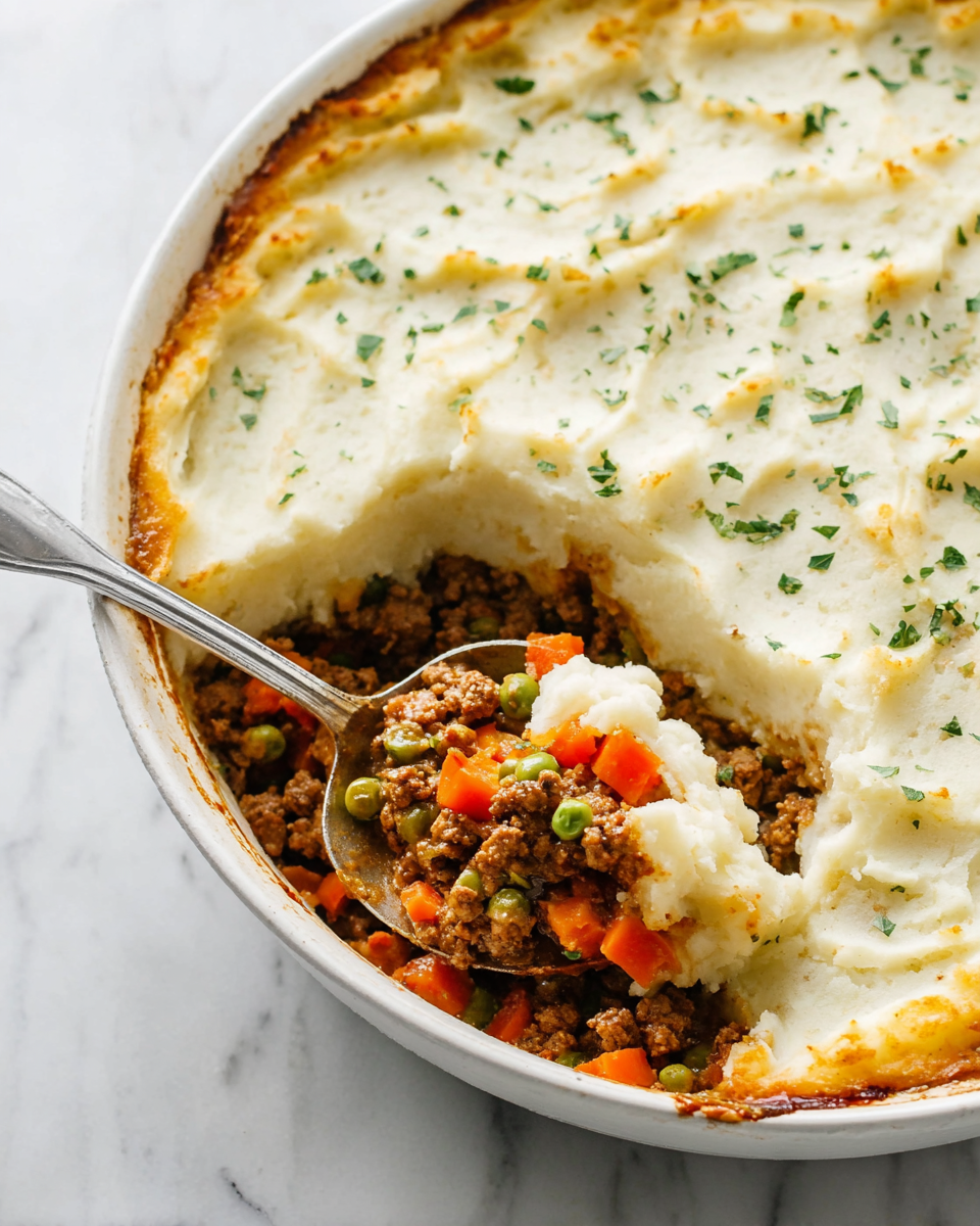 The dish is a two-layer casserole in a white round pan with a slightly browned edge. The top layer is smooth white mashed potatoes with light green herbs sprinkled on top. The bottom layer shows a mix of brown cooked ground meat, orange diced carrots, and green peas, giving a chunky texture. A large silver spoon is scooping some of the bottom layer along with the mashed potatoes. The background is a white marbled texture. photo taken with an iphone --ar 4:5 --v 7