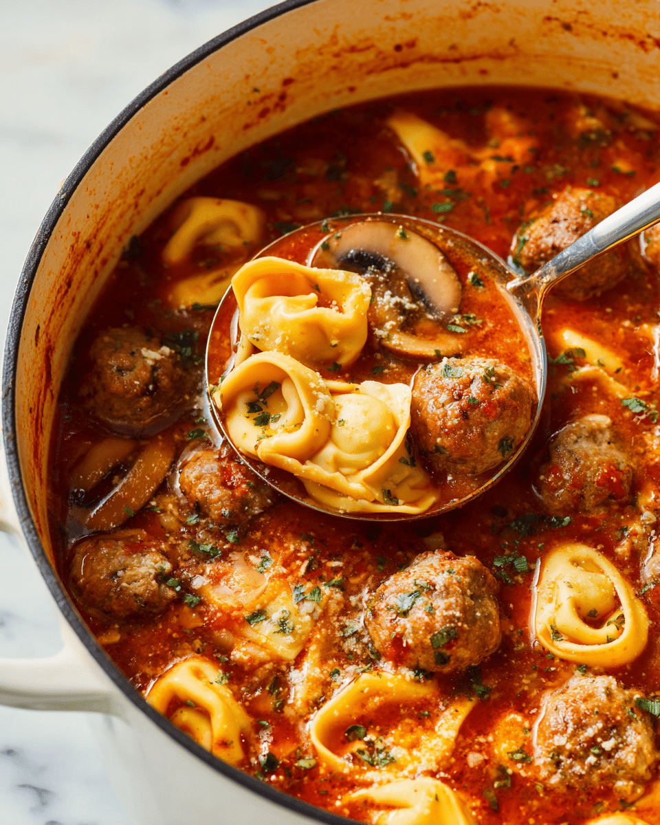 The dish shows a white pot filled with a rich red tomato broth, with visible herbs and bits of parmesan cheese scattered on top. Floating in the broth are several small brown meatballs, yellow tortellini pasta, and sliced brown mushrooms, all mixed together. A metal ladle is scooping up a portion, showing a close-up of tortellini folded with ridged edges, a meatball, and mushroom slices, all glistening with sauce. The pot's edge has orange splashes from the soup, and the herbs add green specks for extra color. The background is a white marbled texture. photo taken with an iphone --ar 4:5 --v 7