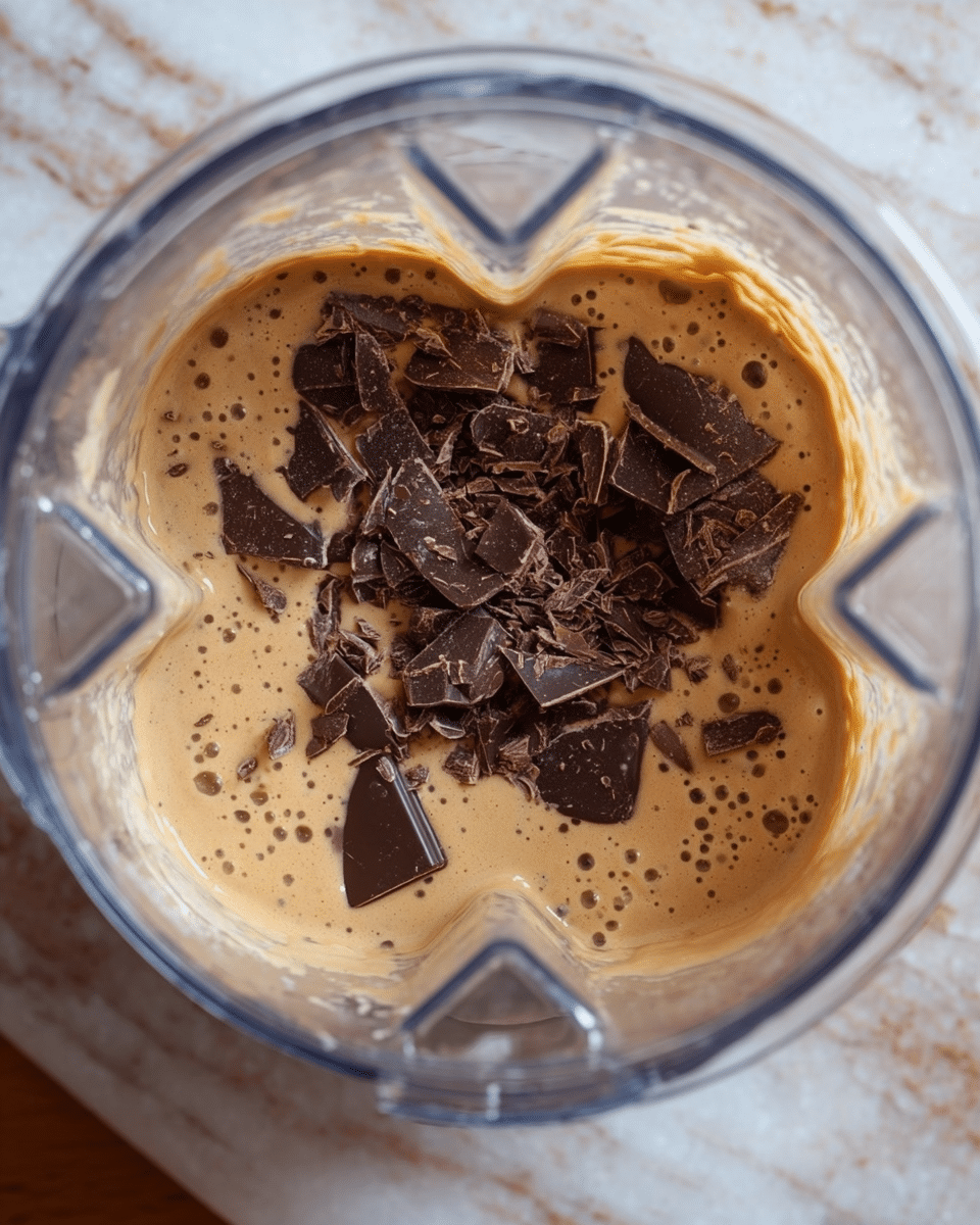 The image shows a clear blender jar filled with two visible layers; the bottom layer is a smooth, creamy light brown mixture with some small bubbles and a thick texture, while the top layer consists of irregular chunks of dark chocolate scattered unevenly across the surface, adding a rough texture contrast to the creamy base. The blender jar sits on a white marbled surface. photo taken with an iphone --ar 4:5 --v 7
