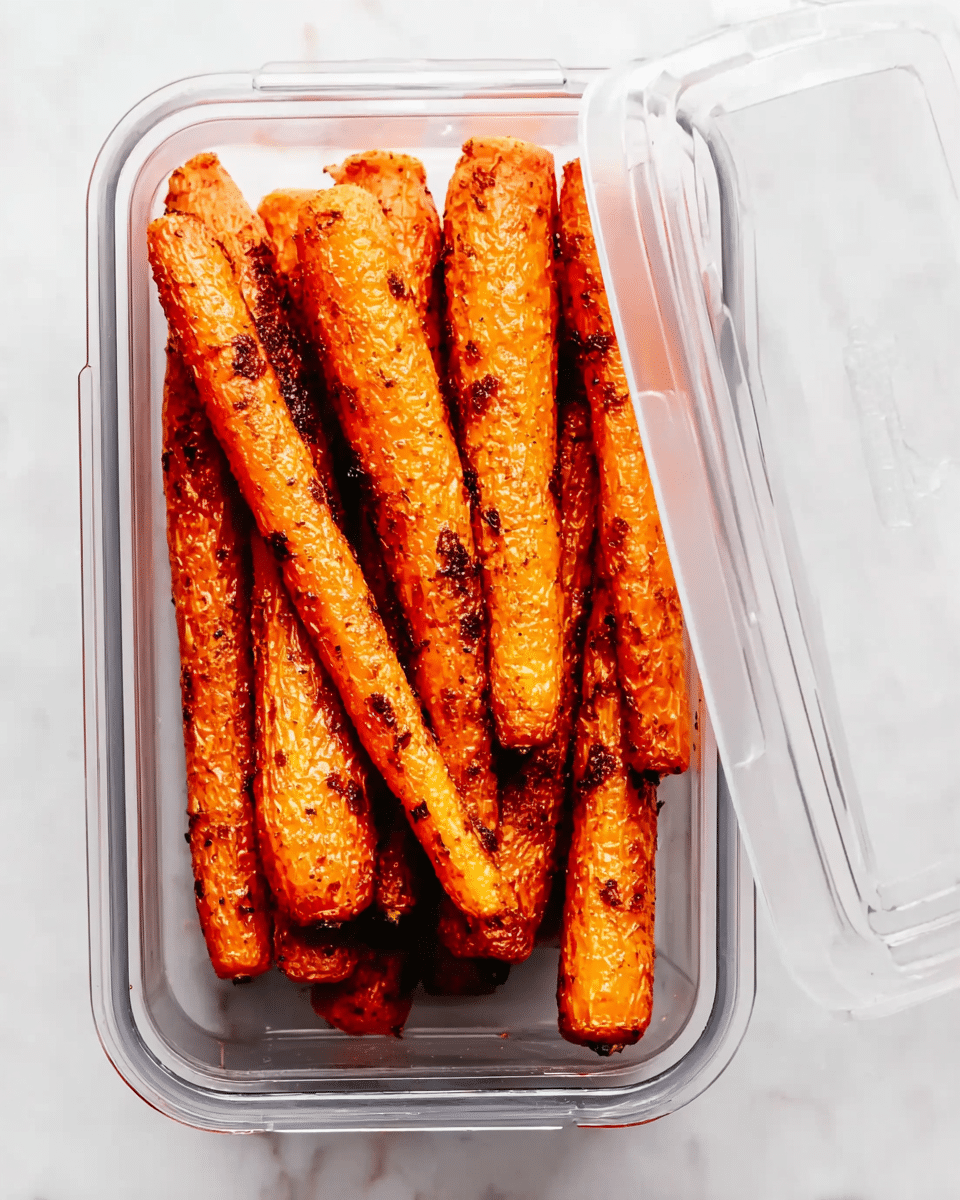 The image shows a clear rectangular container filled with several long roasted carrots placed side by side inside. The carrots have a bright orange color with slightly darkened roasted spots, showing a crispy and textured surface. The container's lid is partially open, revealing the carrots tightly packed. The container is set on a white marbled surface. photo taken with an iphone --ar 4:5 --v 7