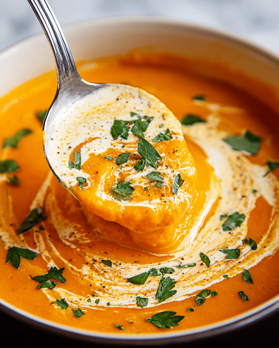 The image shows a close-up of a spoon lifting bright orange soup from a white bowl. The soup has a smooth, thick texture with swirls of white cream mixed on the surface. Small green parsley leaves are sprinkled on top of the soup and cream, adding a fresh, leafy look. The background is a white marbled surface. The photo is very sharp and bright, showing detailed textures of the soup and herbs. photo taken with an iphone --ar 4:5 --v 7