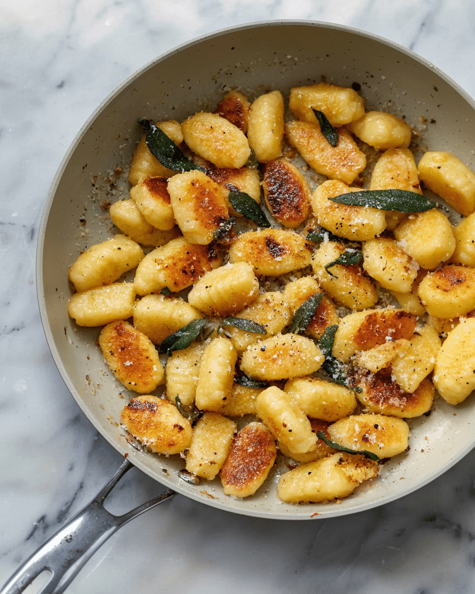 The image shows a close-up of golden brown gnocchi in a white pan, with a slightly crispy texture on many pieces. The gnocchi pieces are scattered unevenly, with some parts showing a smooth, soft yellow surface while others have a darker, browned crust. There are a few green sage leaves mixed in, adding a fresh contrast to the light gnocchi. Tiny specks of black pepper and grated cheese lightly cover the dish, adding texture and detail. The pan handle is visible on the left, and the background is a white marbled surface. photo taken with an iphone --ar 4:5 --v 7