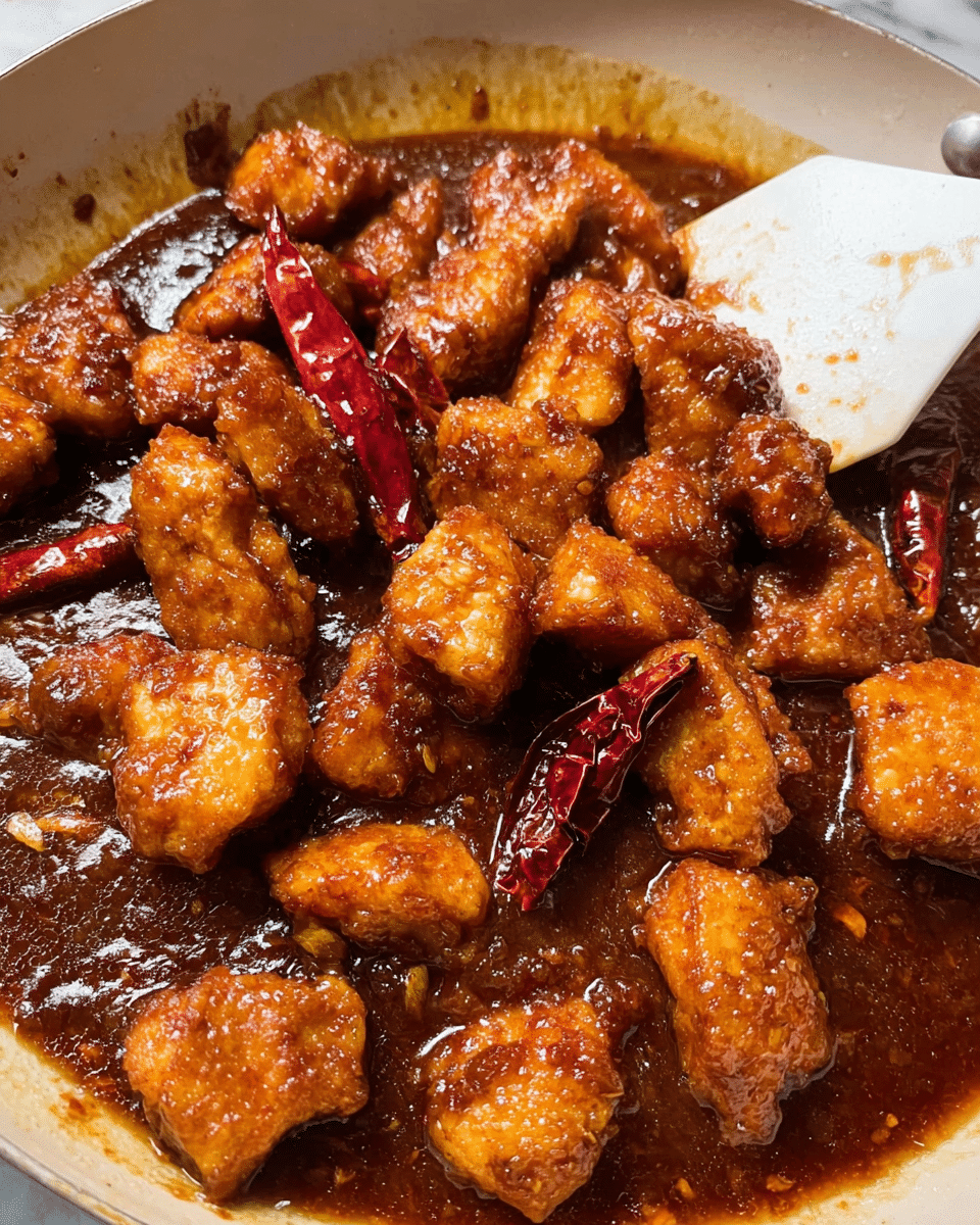 The image shows a close-up of many small, golden-brown pieces of cooked meat coated in a shiny, thick reddish-brown sauce. There are two whole dried red chilies mixed in with the meat pieces, adding color contrast. The meat looks tender and slightly crispy on the edges, soaking in the rich sauce that fills the shallow white pan. A white spatula is partially visible on the right side, touching the pieces. The background has a white marbled texture. photo taken with an iphone --ar 4:5 --v 7