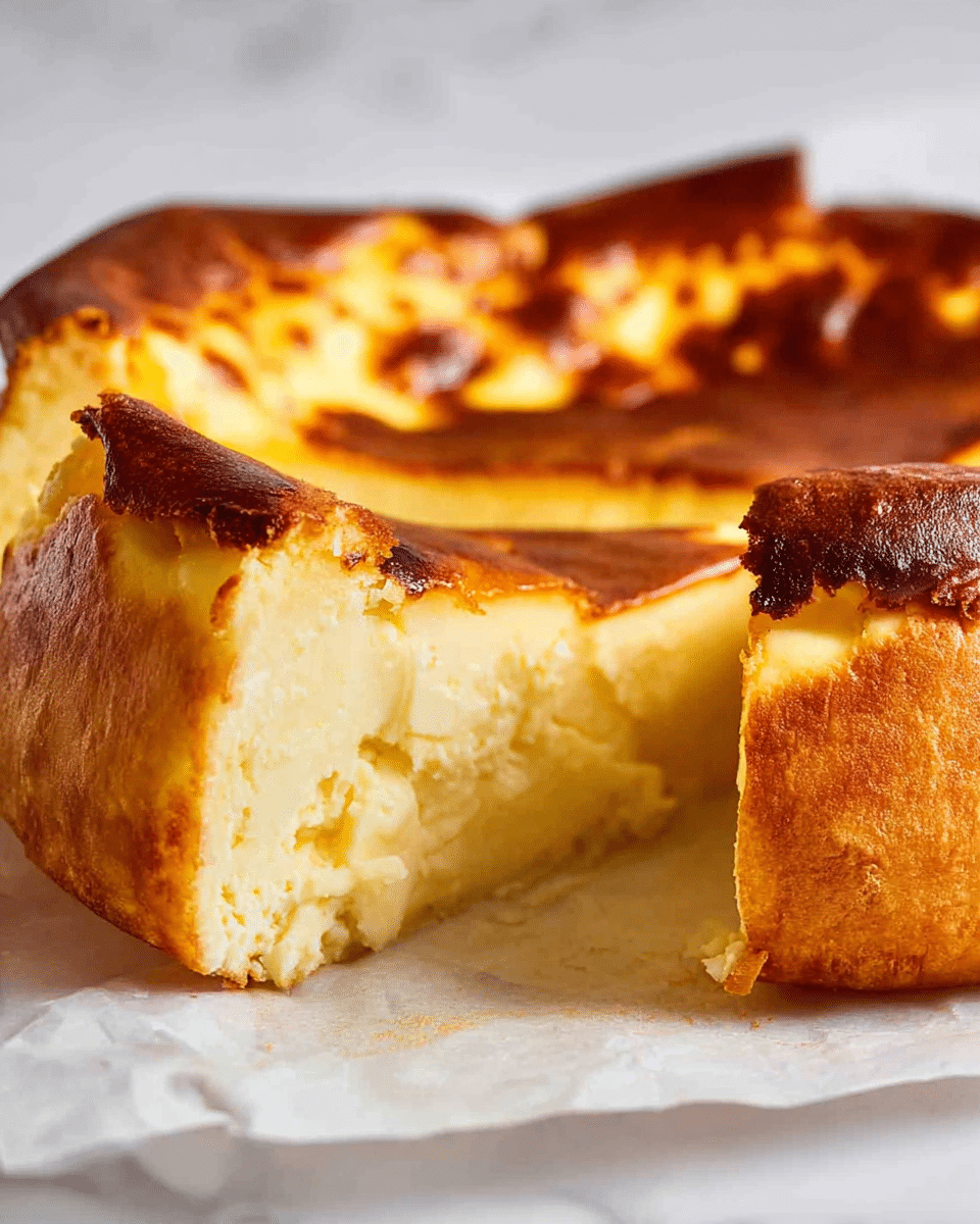 The image shows a close-up side view of a baked cheesecake with a thick, creamy yellow layer that has a soft and slightly browned top surface. The cheesecake has a few darker, caramelized spots on the edges and top, giving it a rustic look. The outer edge is raised and firm with a golden-brown crust-like texture that is thicker around the rim. The cheesecake is resting on white parchment paper placed on a white marbled surface. Part of the cheesecake is sliced and slightly pulled away from the rest, showing the smooth and dense inner texture. Photo taken with an iphone --ar 4:5 --v 7
