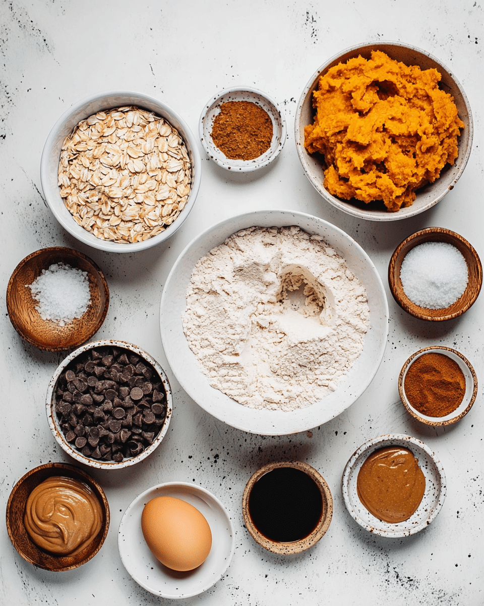 The image shows a flat lay arrangement of various baking ingredients on a white marbled surface. There is a white bowl in the center filled with light beige flour, with a small chunk missing from the edge. To the top left of the flour bowl, a white bowl contains light brown rolled oats. Above the flour bowl and slightly to the right, a white bowl holds a background of bright orange mashed sweet potato. Below the oats, there is a smaller white bowl with dark brown chocolate chips. Around these larger bowls are smaller wooden bowls containing various spices and ingredients including coarse salt, ground spices, cinnamon, ground coffee, and an egg placed on a small white dish with dark speckled lines around the edges. Additionally, there are white bowls with dark brown syrup and smooth peanut butter. The overall color palette includes warm browns, oranges, and creamy whites, with a clean, bright, and natural setup. Photo taken with an iphone --ar 4:5 --v 7