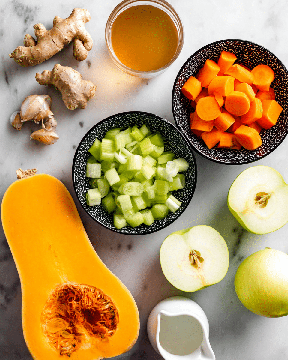 The image shows a flat lay of fresh ingredients on a white marbled surface. There is one halved butternut squash at the bottom left, showing bright orange flesh and seeds inside. Above it, two black patterned bowls contain sliced vegetables: the left bowl holds chopped light green celery pieces and the right bowl has thick round pieces of bright orange carrot. To the right, there are two halves of a green apple with light cream flesh and seeds visible. Below the apple sits a whole yellow onion, and near the bottom right corner, a small white jug holds a white liquid. At the top left is a clear glass measuring cup filled with a golden brown liquid. Near the center left, a piece of fresh ginger root and two cloves of garlic are placed. All colors contrast clearly with the white marbled background, photo taken with an iphone --ar 4:5 --v 7