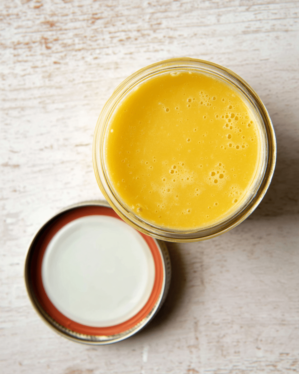 The image shows a glass jar filled with a smooth, thick yellow sauce with small bubbles on the surface, viewed from above. The jar's white metal lid lies open next to it, showing a bit of the red edge inside. Both the jar and lid sit on a white marbled textured surface with faint wood grain lines. The lighting is soft, making the sauce look fresh and glossy. photo taken with an iphone --ar 4:5 --v 7