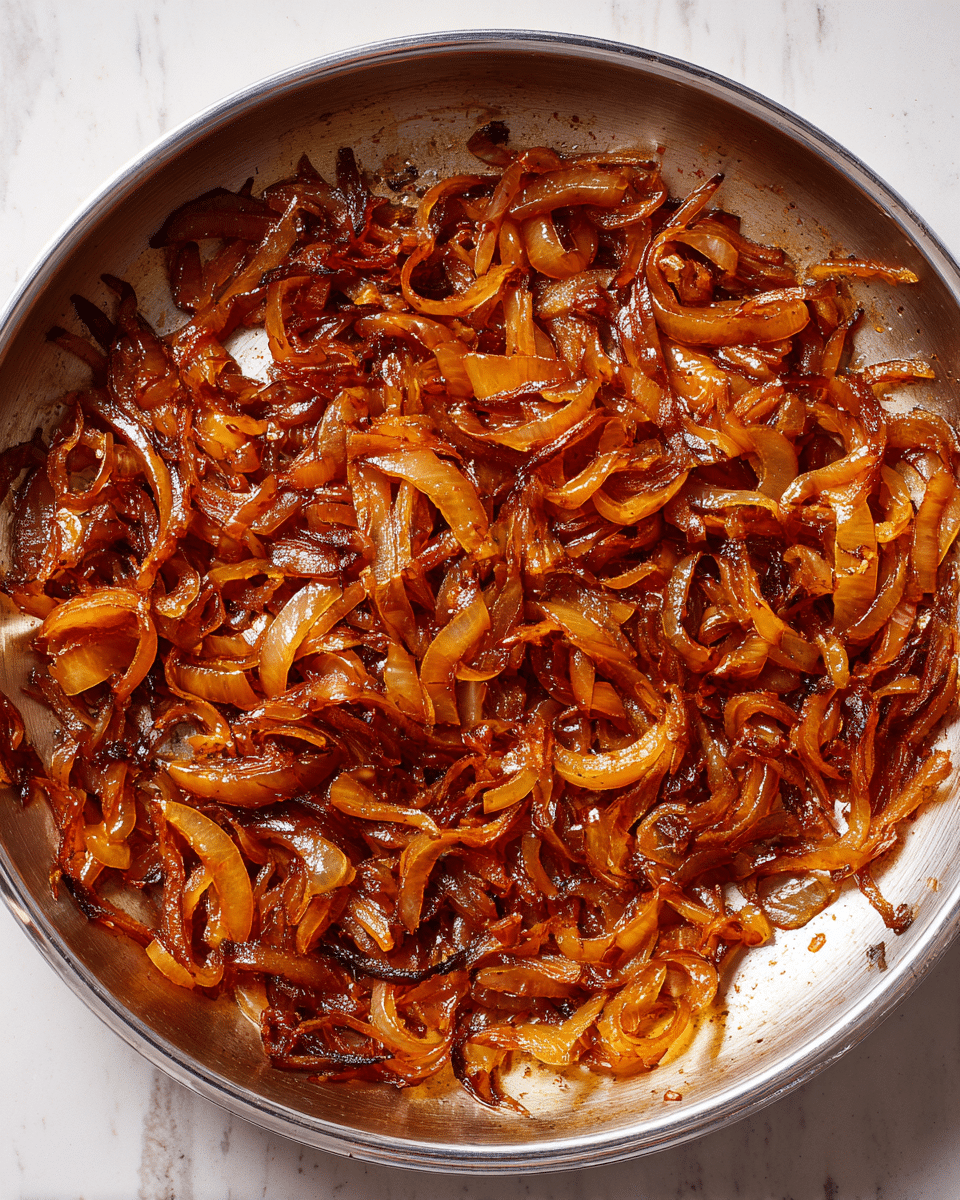 The image shows a round metal pan filled with a single layer of cooked caramelized onions. The onions are in thin, uneven strips with colors ranging from glossy deep brown to amber and some lighter golden yellow pieces. The onions appear soft and shiny with a slightly sticky texture, spread unevenly but mostly covering the pan’s surface. The pan’s edges are visible with some oil spots and slight browning, all set on a white marbled textured background photo taken with an iphone --ar 4:5 --v 7