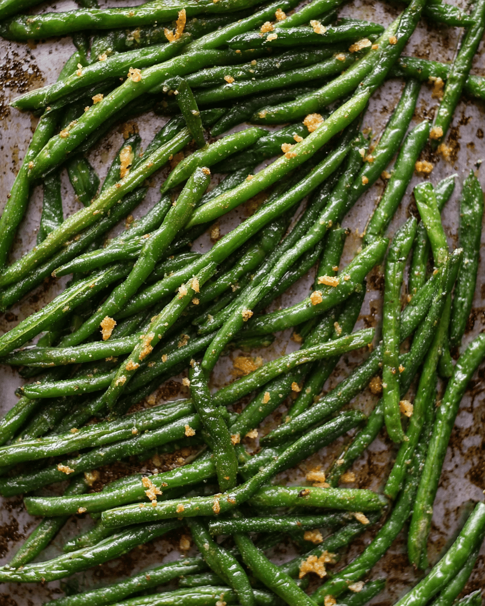 The image shows a single layer of cooked green beans spread out on a baking sheet. The green beans are vibrant green with a slight shine and are scattered unevenly across the surface. Tiny bits of golden-brown roasted garlic or seasoning are dotted throughout. The baking sheet has a worn texture visible underneath the green beans. The colors are mostly green with touches of light brown, and the green beans look tender with a bit of crispiness. The photo taken with an iphone --ar 4:5 --v 7
