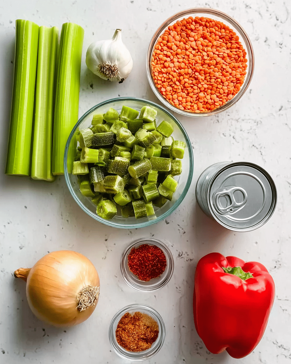 The image shows a top view of a white marbled surface with ingredients arranged neatly. At the top left, there are green celery stalks, next to a glass bowl filled with chopped green okra pieces. Above the okra is a clear round container holding orange lentils. To the right of the lentils, there is an unopened silver can with no label, tilted slightly. Below the can, two small glass bowls hold bright red and orange spices. On the bottom left, there is a whole garlic bulb, next to a large yellow onion, and to the far right, a whole red bell pepper lies on the surface. photo taken with an iphone --ar 4:5 --v 7