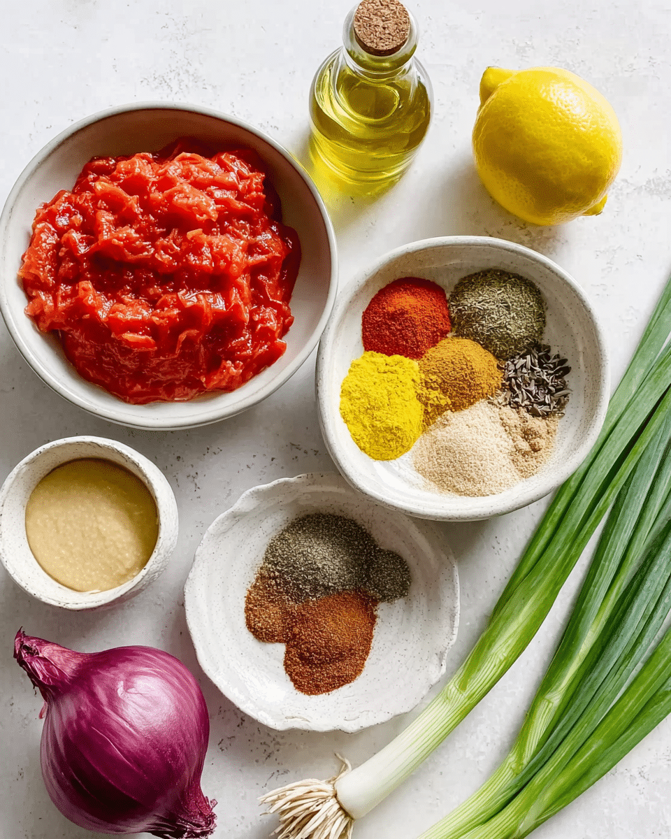 The image shows a white marbled surface with several white bowls and fresh ingredients arranged neatly. At the bottom left, there is a white bowl filled with bright red crushed tomatoes, showing a thick, chunky texture. Above it, closer to the center, a medium white bowl contains a mix of colorful spices layered without blending, including yellow turmeric, light brown coriander, dark brown cumin, reddish paprika, black pepper, gray salt, and a pale beige spice, creating a vibrant and textured display. To the right of this bowl, there is a smaller white bowl with a smooth pale yellow paste. Below it and slightly to the right, another small white bowl is filled with dark brown soft brown sugar. Fresh green onions with bright green stalks and white bases lie on the right side, while a purple onion and a yellow lemon rest on the left side of the frame. A small glass bottle with golden olive oil sits behind the spice bowl. The overall setting is bright and clean, with a woman's hand not present but implied for adding ingredients. Photo taken with an iphone --ar 4:5 --v 7