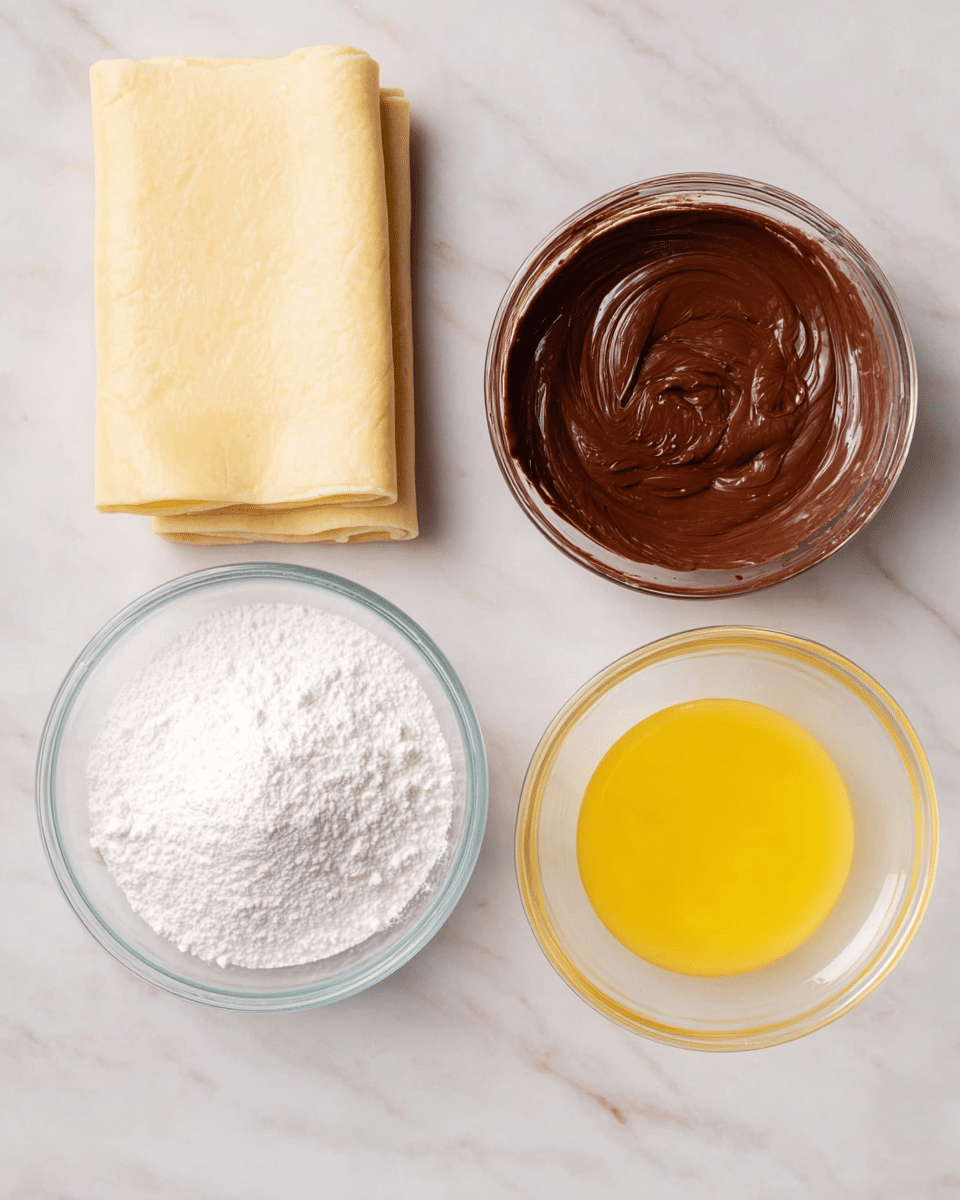 The image shows a white marbled surface with three clear glass bowls and a stack of folded light beige pastry sheets placed on the left side. The top bowl contains a thick layer of smooth, dark brown melted chocolate with a shiny texture. Below it, there is a bowl filled with fine white powdered sugar, appearing soft and fluffy. The bottom bowl has a bright yellow liquid with a glossy surface, likely melted butter or oil. The pastry sheets look thin and slightly crumbly with a matte finish, neatly stacked in a rectangular shape. photo taken with an iphone --ar 4:5 --v 7