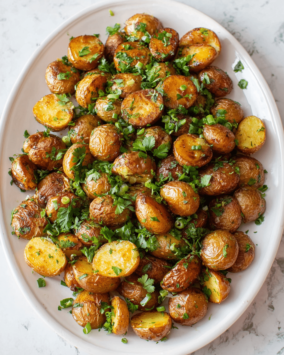 The image shows a white oval plate filled with many small, round roasted potatoes that have a golden-brown and slightly crispy skin. The potatoes are halved, showing their soft yellow inside. They are sprinkled generously with chopped fresh green herbs, including cilantro and green onions, adding a pop of bright green color over the warm brown and yellow tones of the potatoes. The plate sits on a white marbled surface, giving a clean and bright background to the dish. Photo taken with an iphone --ar 4:5 --v 7