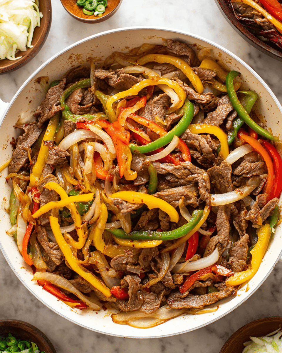 The image shows a white pan filled with several layers of cooked thin beef strips mixed with sliced bell peppers and onions. The bell peppers are red, yellow, and green, thinly sliced, adding bright colors among the light brown and gray beef pieces with a slightly crispy texture. The white onion slices are soft and scattered throughout the pan. The pan rests on a white marbled surface with small dishes containing other food items partly visible around it. The overall look is a rich mix of warm and fresh colors in a casual cooked dish. photo taken with an iphone --ar 4:5 --v 7