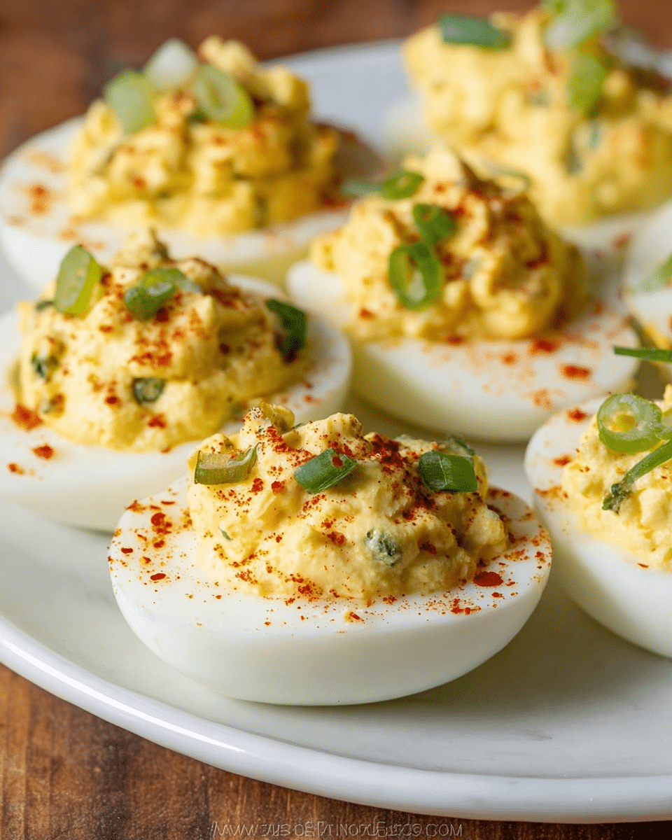 The image shows a white plate filled with several deviled eggs. Each egg is cut in half, with a smooth, shiny white egg white base. On top is a thick, creamy yellow filling, which looks fluffy and slightly textured with small bits mixed in. The filling is placed in a small mound in each egg half. Each one is lightly sprinkled with red paprika and topped with small pieces of fresh green herbs, possibly green onions. The plate sits on a wooden table, but the background is changed to a white marbled texture. The focus is close up, showing detail in the filling and seasoning. photo taken with an iphone --ar 4:5 --v 7